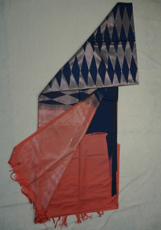 Navy Blue and Peach Geometric pattern Semi Soft Silk-SES04 — Navy Blue/Peach — photo 2