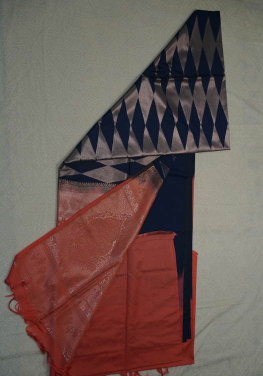 Navy Blue and Peach Geometric pattern Semi Soft Silk-SES04 — Navy Blue/Peach — photo 3