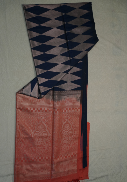 Navy Blue and Peach Geometric pattern Semi Soft Silk-SES04 — Navy Blue/Peach — photo 4