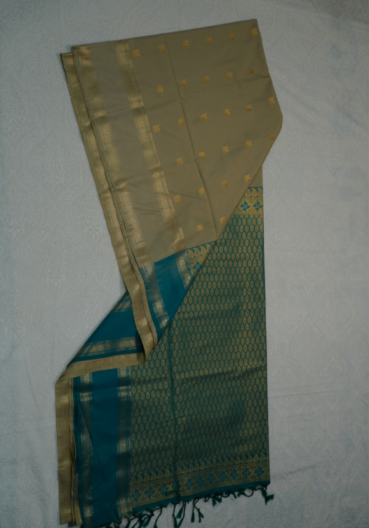 Beige and Rama Green Semi Soft Silk-SES10 — Beige/Rama Green — photo 3