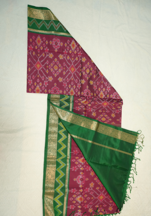 Burgundy/Dark Green Pure Soft Silk Saree with Kanchi border-SSS03 — Magenta/Emerald green — photo 3