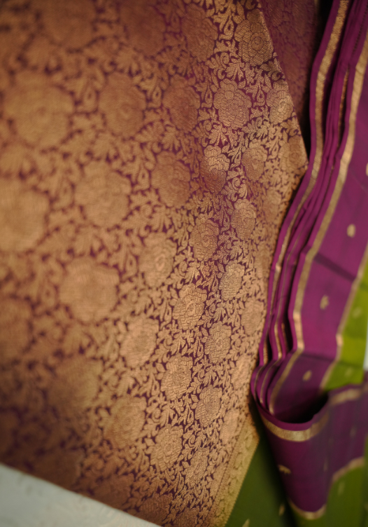 Mehendi Green/Magenta Pure Soft Silk Saree- SSS10 — Mehendi Green/Magenta — photo 3
