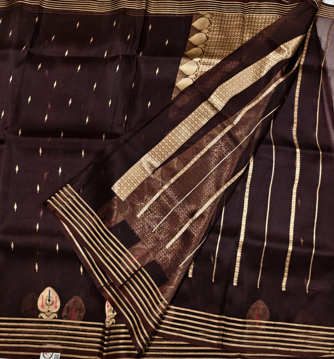 Dark Brown Pure Kora Organza Silk Saree with silk mark- BS01 — Dark Brown — photo 4