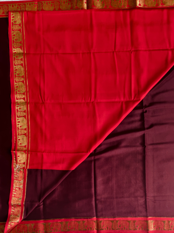 Pure Mysore Crepe Silk Saree with Silk mark Dark Brown — Dark Brown with Rusty Orange — photo 4