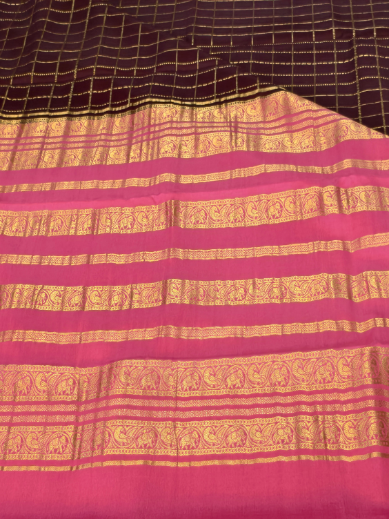 Pure Mysore Crepe Silk Saree with Silk mark Chocolate Brown — Chocolate Brown with Rosy Pink — photo 2