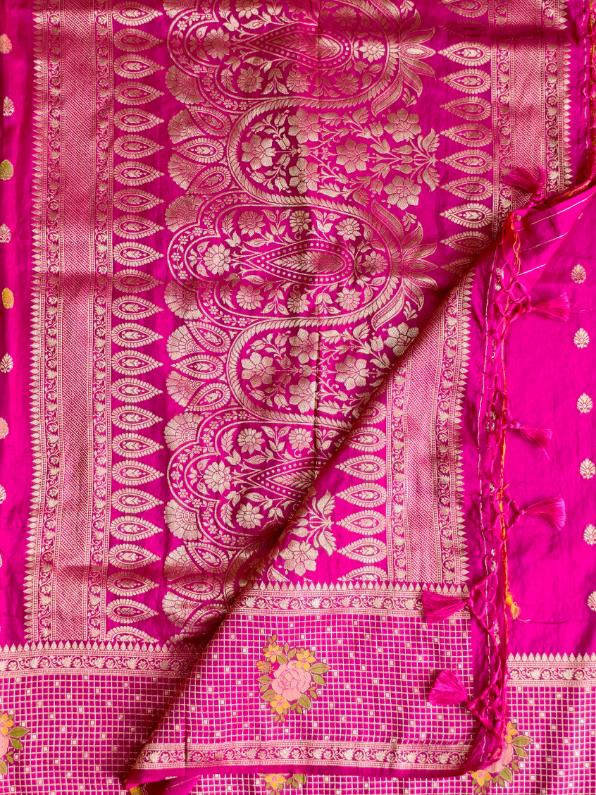 Rani Pink zari woven Meena work Semi Banarasi saree — Pink — photo 2