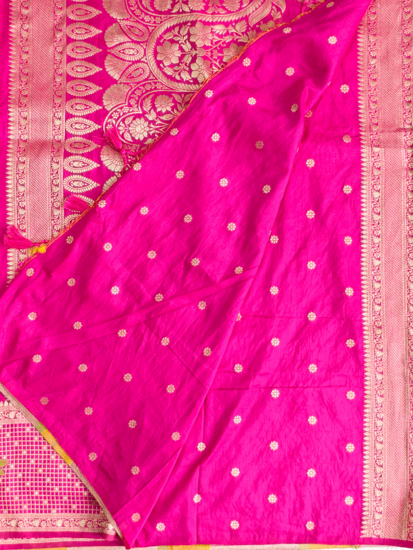 Rani Pink zari woven Meena work Semi Banarasi saree — Pink — photo 3