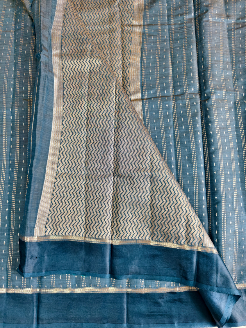 Teal- Semi Tussar Silk Saree with Satin border — Teal with Ice Blue Pallu — photo 2