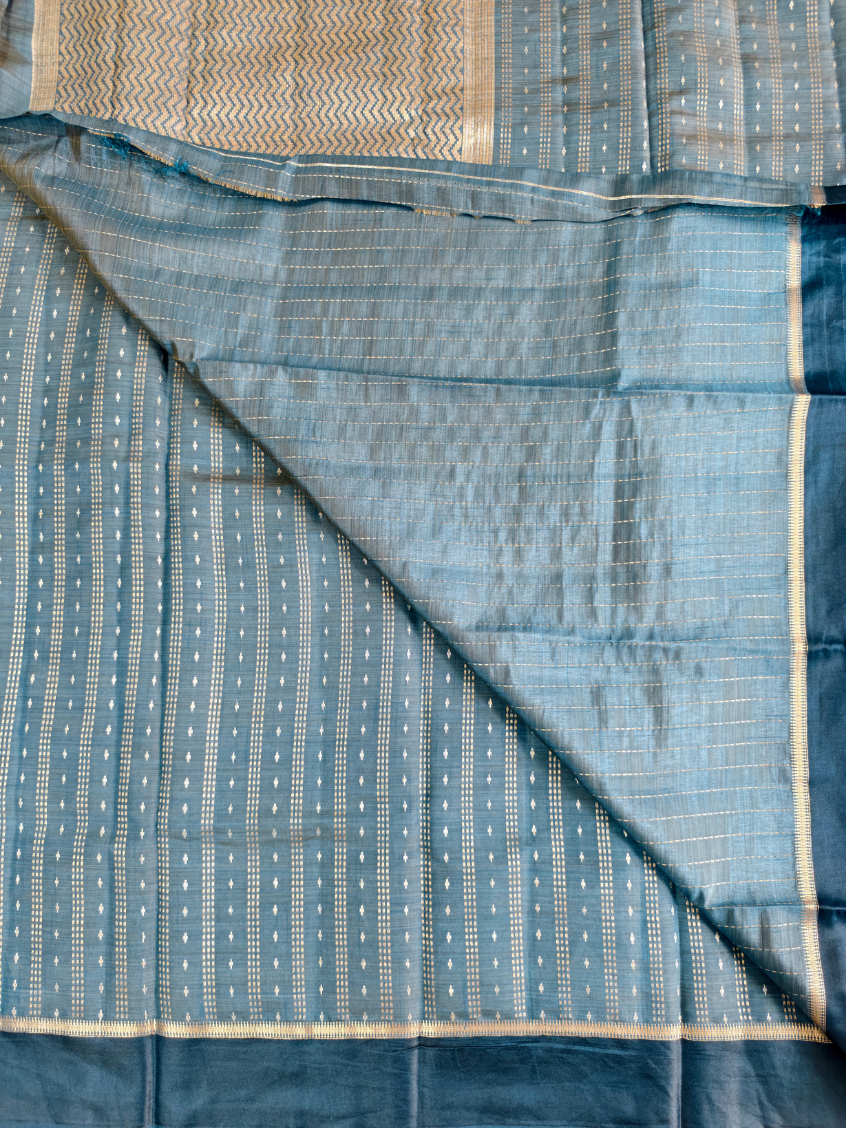 Teal- Semi Tussar Silk Saree with Satin border — Teal with Ice Blue Pallu — photo 3