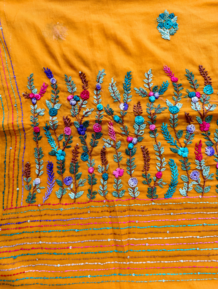 Mul cotton Bullion stitch Mustard yellow Saree without blouse — Mustard Yellow — photo 2
