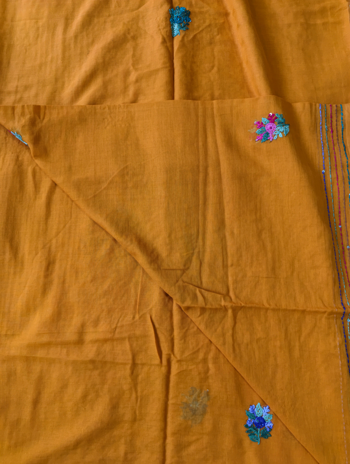 Mul cotton Bullion stitch Mustard yellow Saree without blouse — Mustard Yellow — photo 3