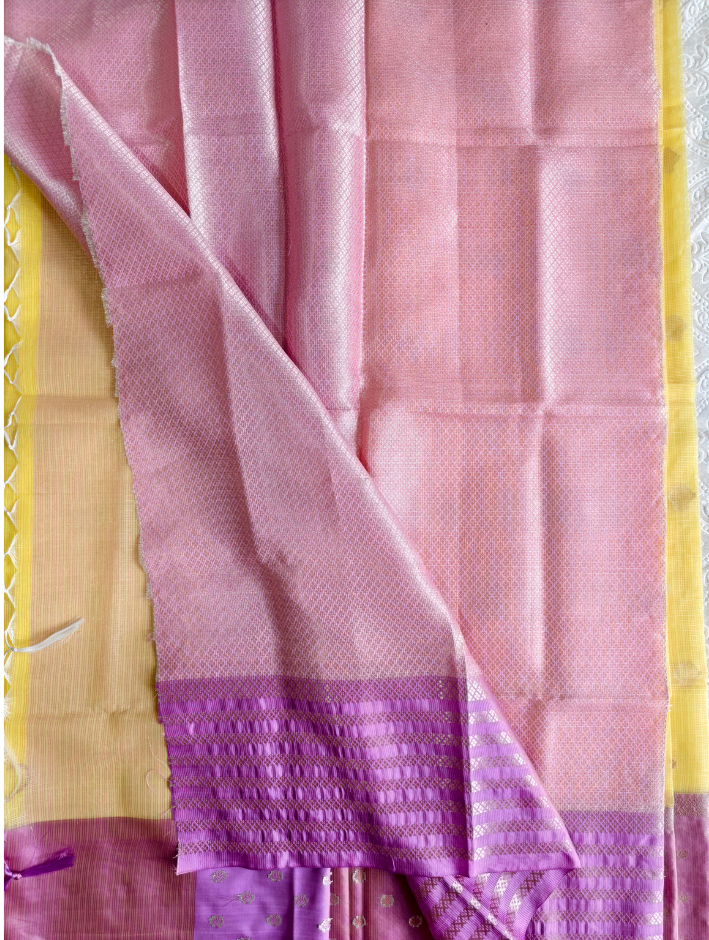 Linen Cotton Tissue Saree with Zari work- Yellow saree with Pink border — Yellow — photo 2
