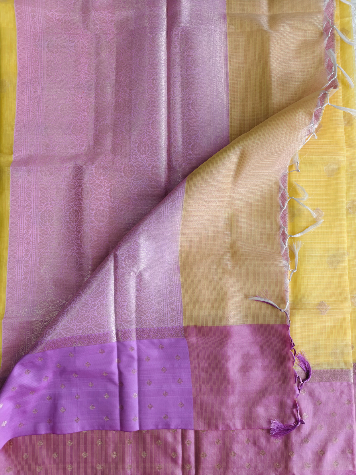 Linen Cotton Tissue Saree with Zari work- Yellow saree with Pink border — Yellow — photo 3
