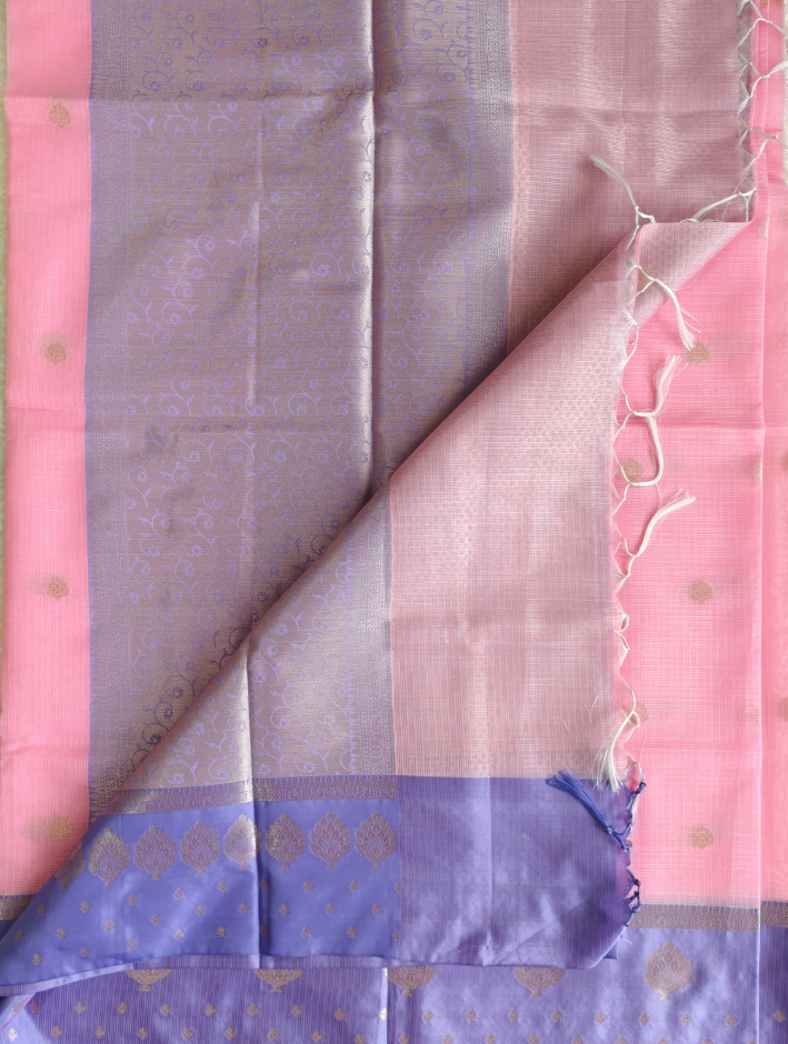 Linen Cotton Tissue Saree with Zari work- Pink saree with Lavender border — Pink — photo 2