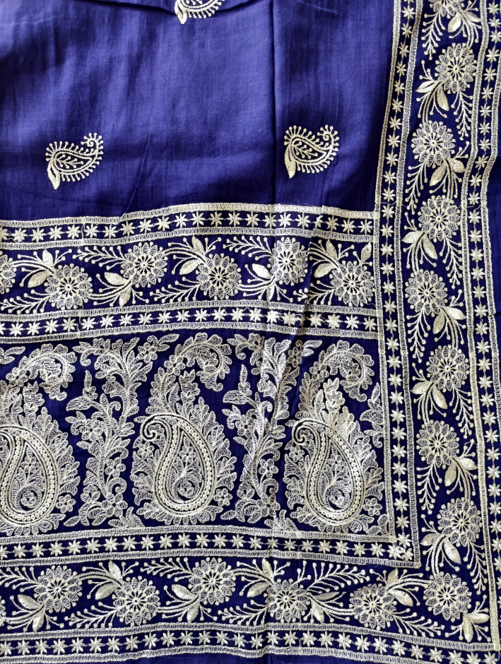 Mul Cotton Chikankari Royal Blue Saree without blouse — Royal Blue — photo 2