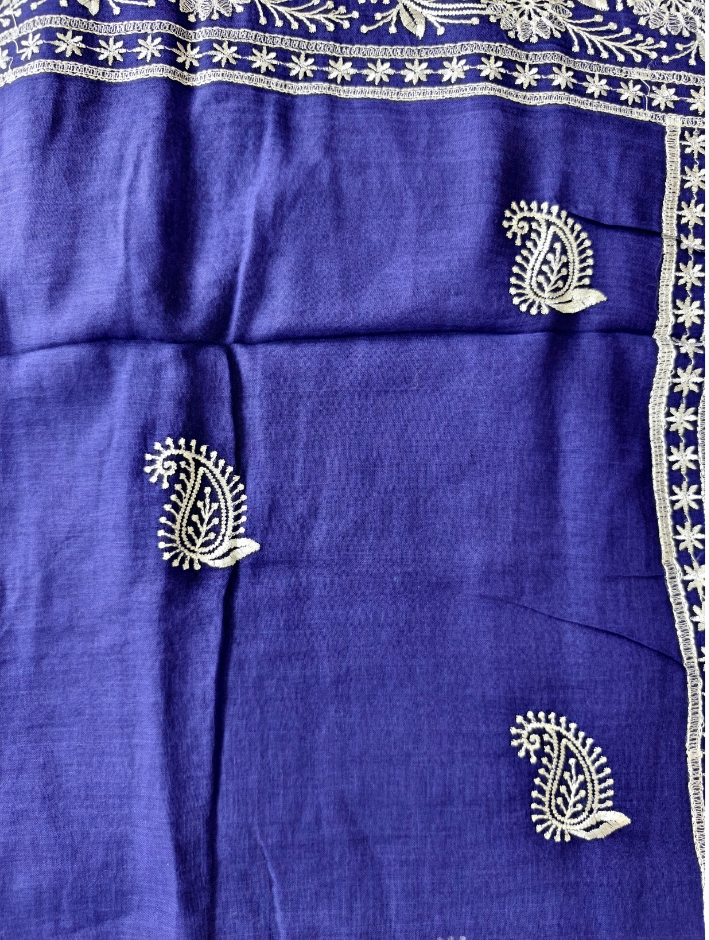 Mul Cotton Chikankari Royal Blue Saree without blouse — Royal Blue — photo 3