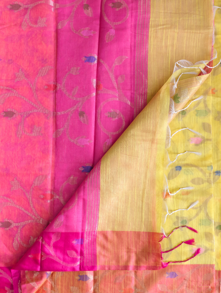 Linen Cotton Tissue Saree with Jamdani work- Yellow saree with Pink border — Yellow with Pink — photo 2