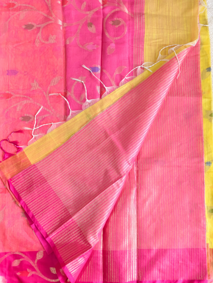 Linen Cotton Tissue Saree with Jamdani work- Yellow saree with Pink border — Yellow with Pink — photo 3