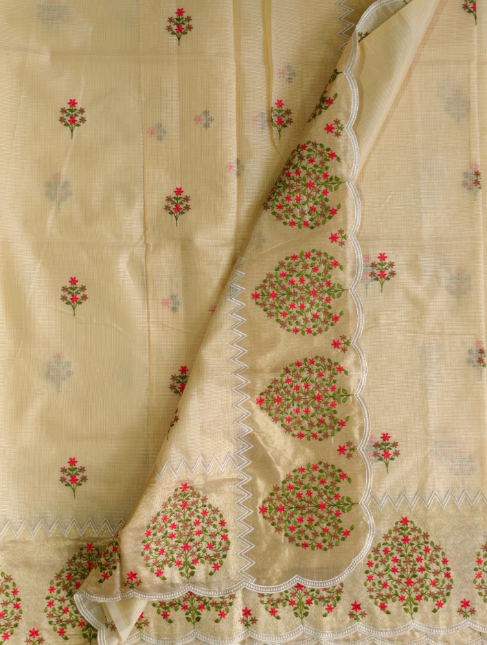 Linen Cotton Tissue Saree with scallop border- Cream colour saree with gold embroidered border — Cream — photo 2