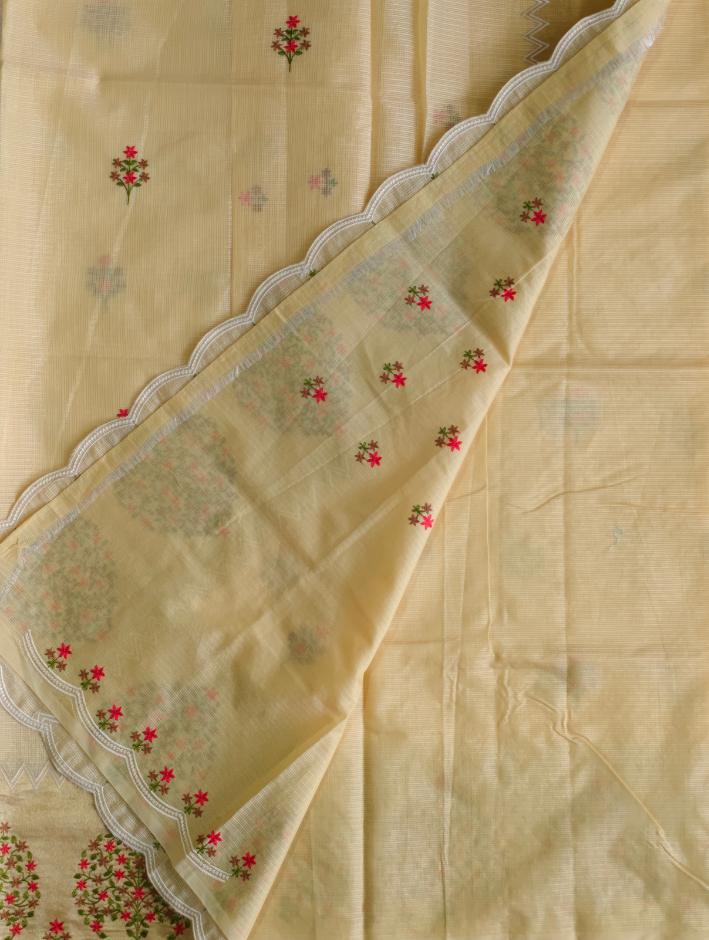 Linen Cotton Tissue Saree with scallop border- Cream colour saree with gold embroidered border — Cream — photo 3