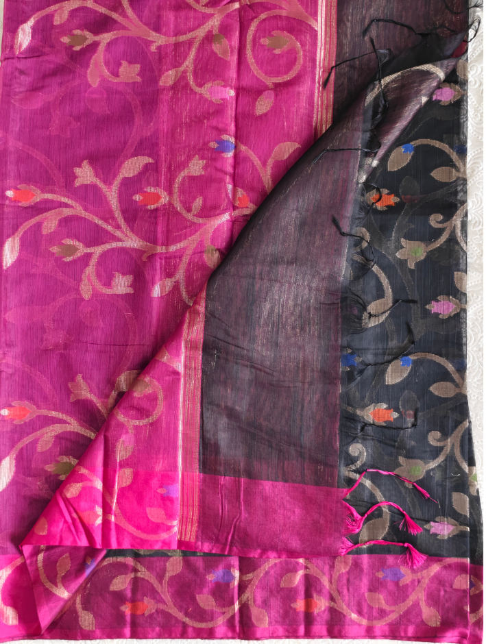Linen Cotton Tissue Saree with Jamdani work- Black saree with Pink border — Black and Pink — photo 2